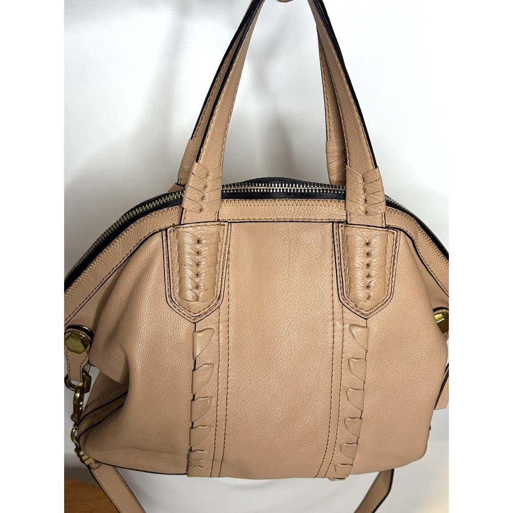 Oryany Tan Leather Whipstitch Satchel Crossbody Handbag Gold Hardware - Picture 2 of 10